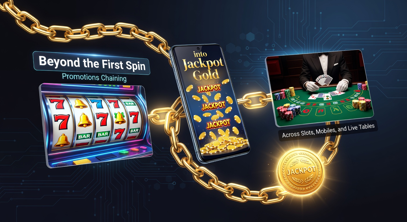 Vibrant slot machine reels spinning with cascading promotions leading to glowing jackpot symbols across digital screens and live dealer tables