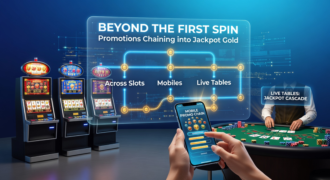 Mobile screen showing promotion chain from slot free spins to live table jackpot entry with golden coins cascading