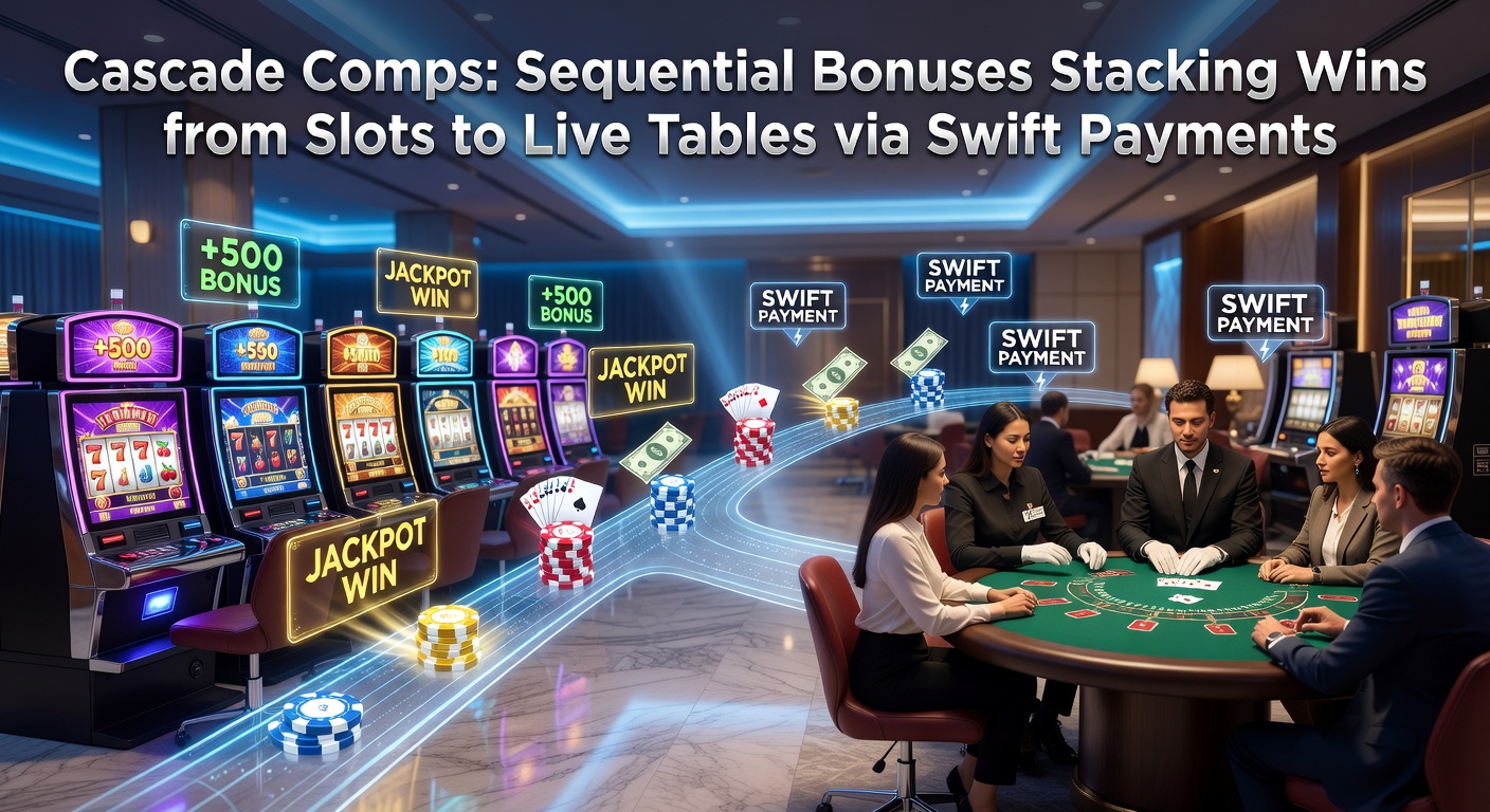 Digital graphic showing cascading bonus icons flowing from slot reels to live dealer tables with swift payment arrows connecting wins