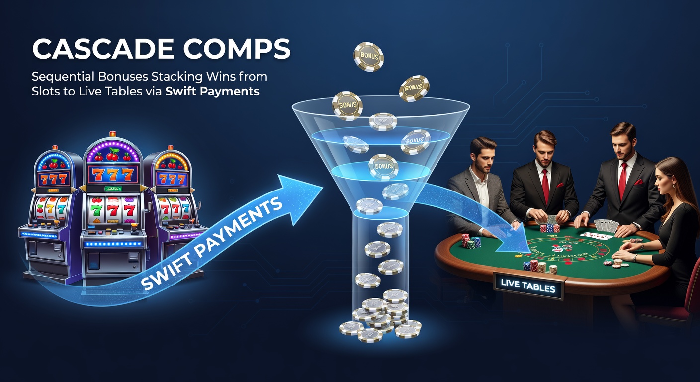Infographic illustrating bonus cascade flow from slot machines to live poker tables with payment speed icons and win multipliers