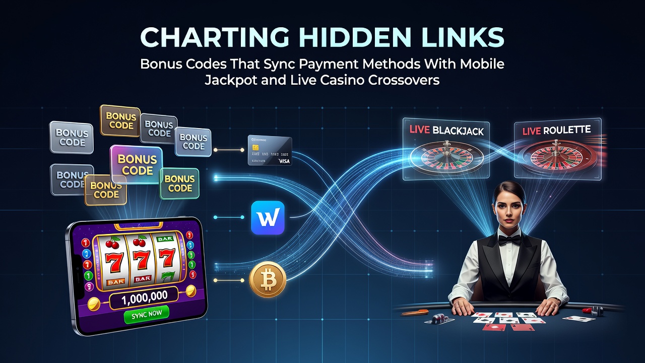 Infographic showing bonus code integration across mobile jackpots and live casino tables with payment sync pathways
