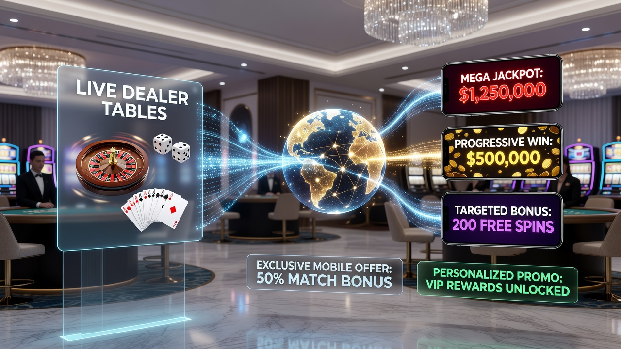 Mobile device screen displaying slot jackpot interface with promotional link to live dealer table options