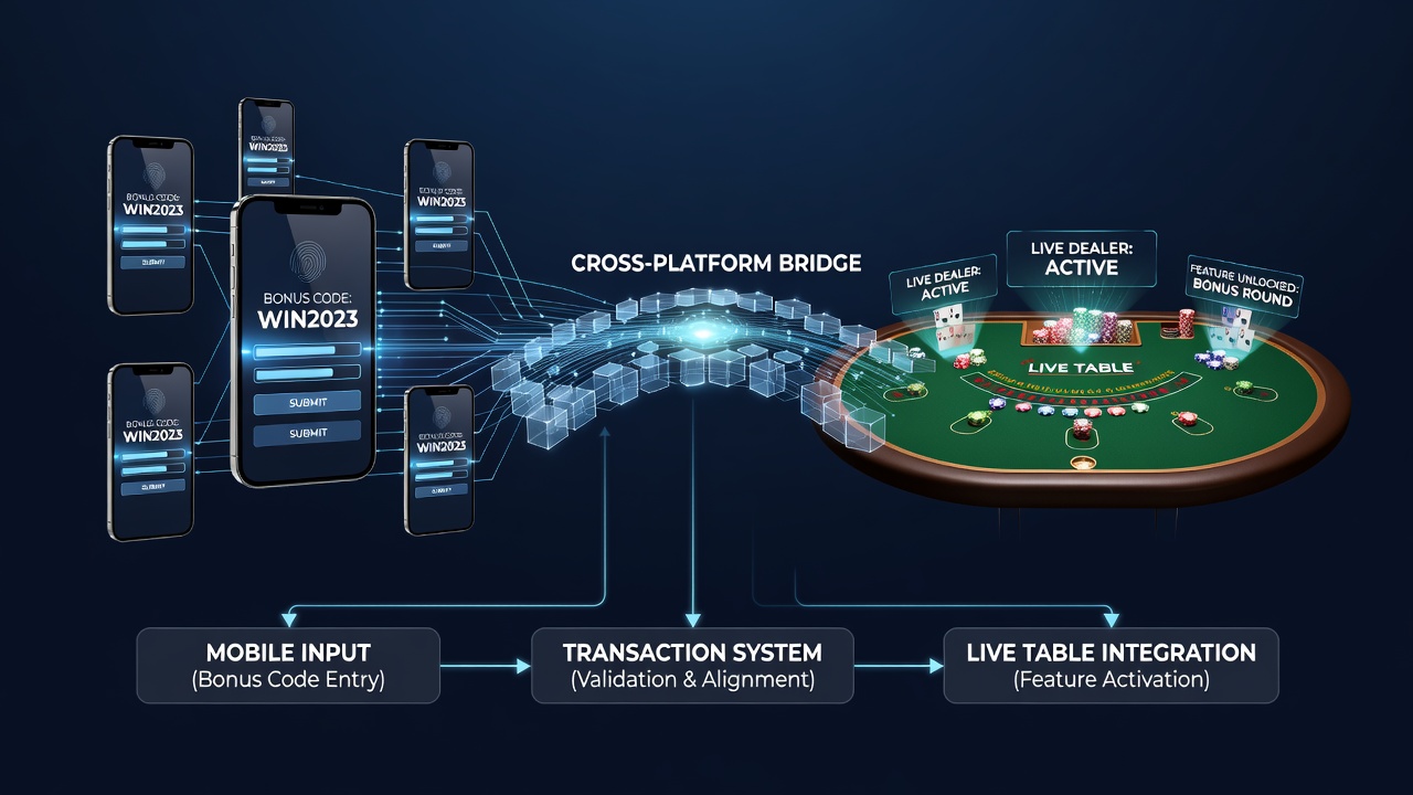 Diagram illustrating transaction flow between bonus code systems and live table features on mobile devices