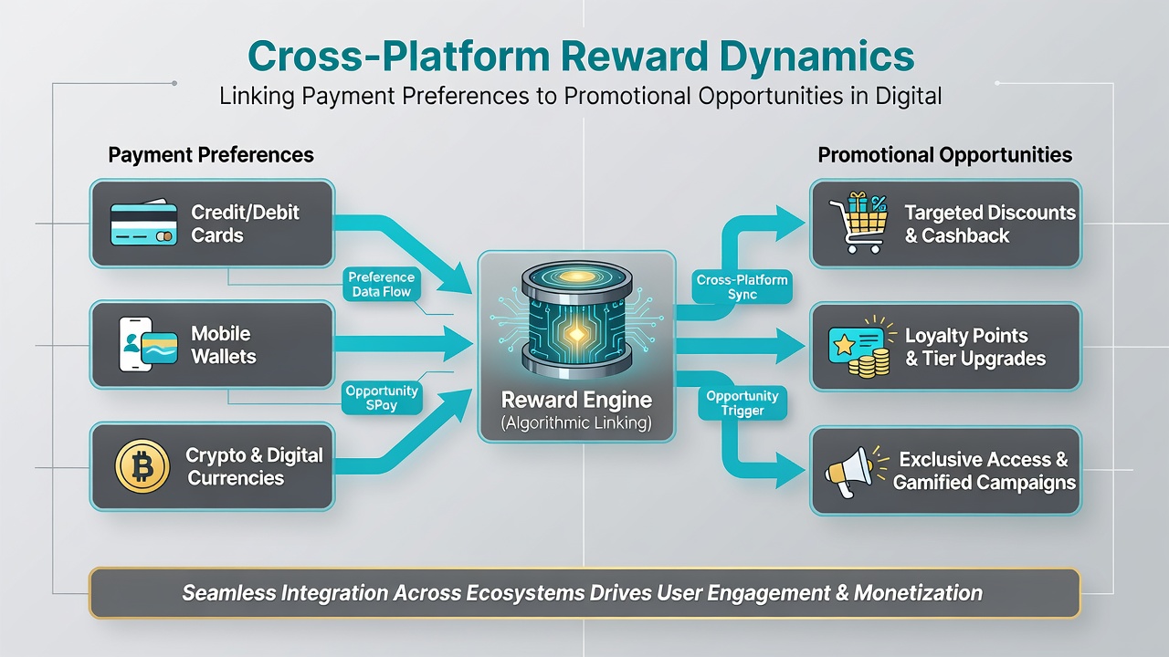 Infographic illustrating payment preference pathways leading to free spins, bonus multipliers, and jackpot entries across slot platforms