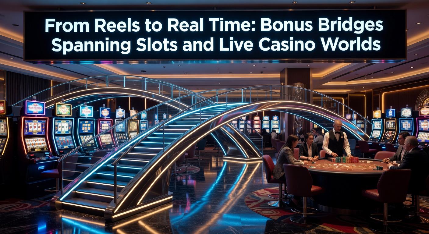 Vibrant digital bridge connecting colorful slot reels to a live dealer blackjack table, symbolizing bonus transitions in online gaming