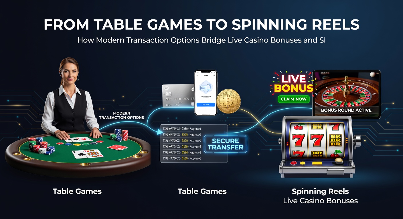 Illustration showing modern transaction options connecting live casino tables with slot machine reels and bonus features