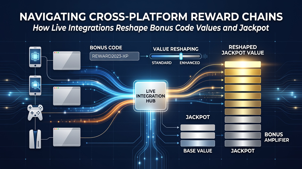 Diagram showing data flow between live casino tables, slot machines, and mobile jackpot pools through integrated bonus code systems