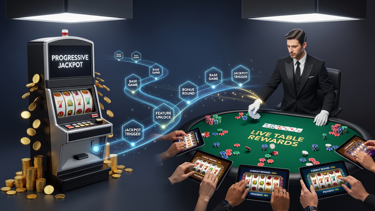Layered reward progression shown in progressive slots meeting live dealer table formats