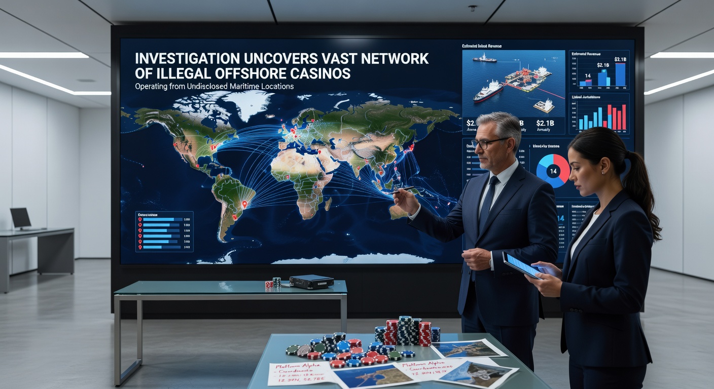 Graph showing rising UK visitor numbers to offshore casino sites from late 2025 into early 2026, overlaid with icons of slot games and warning symbols for unlicensed gambling