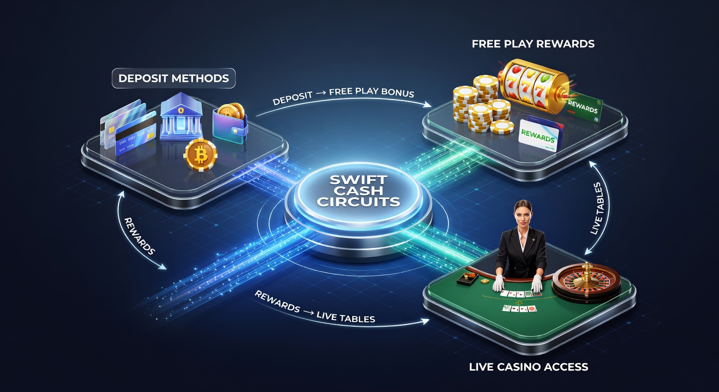 Close-up visualization of a deposit button transforming into cascading free play icons and a live casino door opening