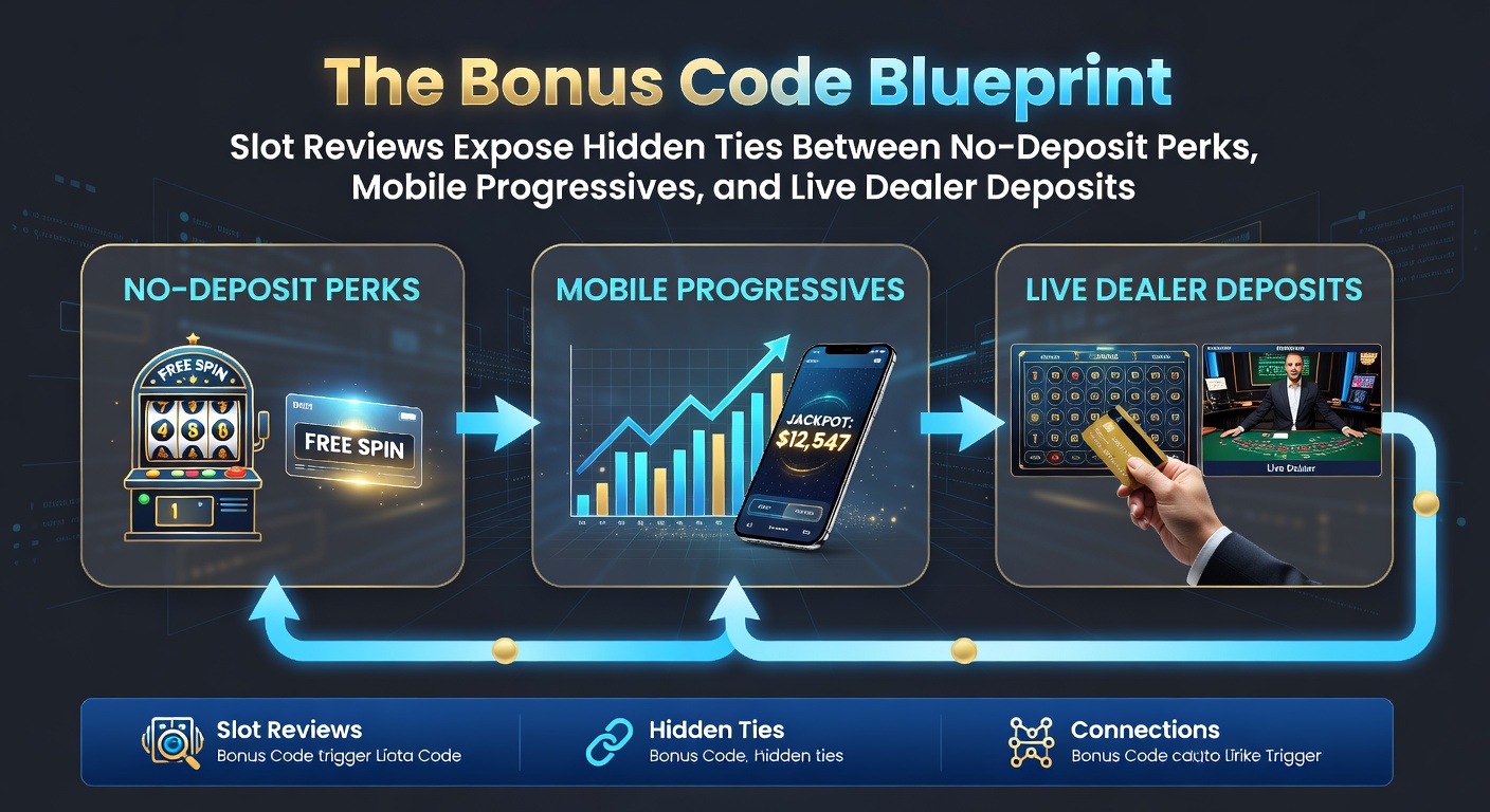 Illustration of interconnected bonus codes linking slot machines, mobile screens, and live dealer tables with glowing web lines