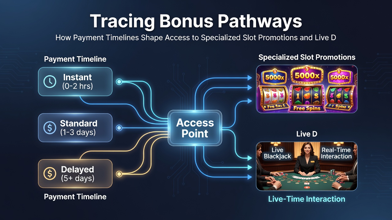 Illustration of live dealer tables connected to instant payment gateways and bonus pathways